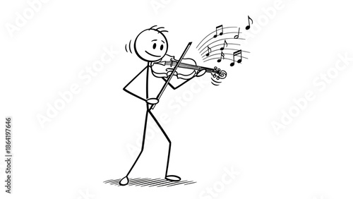 Elegant Stick Figure Person Playing Violin with Music Notes on Isolated White Background