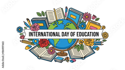 International Day of Education vector design showing globe surrounded by books, stationery, and plants, modern flat illustration promoting global access to education and learning equality
