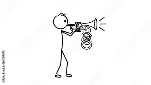 Energetic Stick Figure Person Playing Trumpet with Sound Waves on Isolated White Background