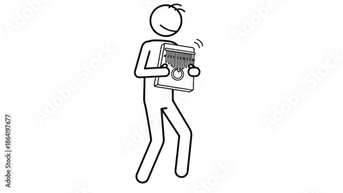 Stick Figure Person Playing Accordion on Isolated White Background