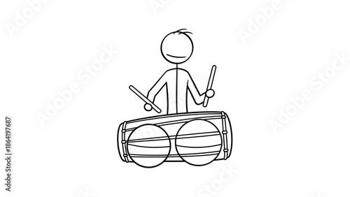 Stick Figure Person Playing Conga Drums on Isolated White Background
