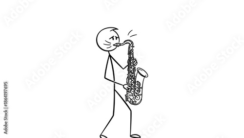 Stick Figure Person Playing Saxophone on Isolated White Background