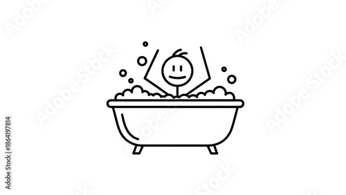 Happy Stick Figure Person Enjoying a Relaxing Bubble Bath, Hygiene and Self-Care, Isolated White Background
