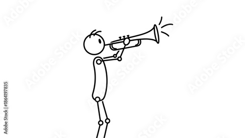 Stick Figure Person Playing Trumpet, Brass Musician Performing, Isolated White Background