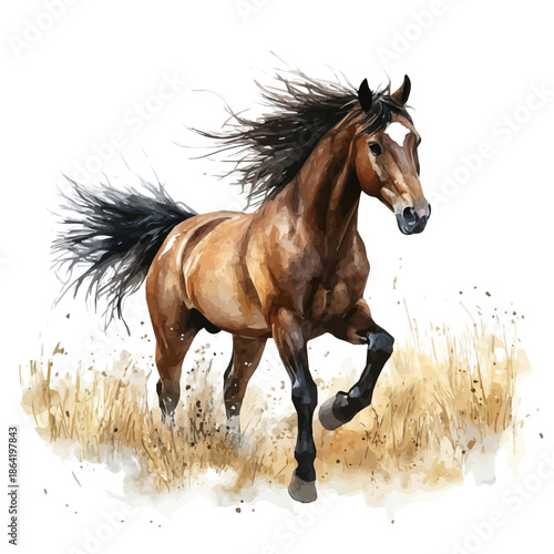 Horse Playing Energetically, vector watercolor clipart with soft pastel strokes, isolated on a white background.