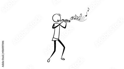 Stick Figure Person Playing Flute with Musical Notes, Standing and Performing, Isolated White Background