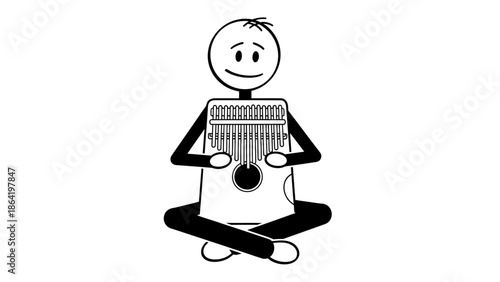 Happy Stick Figure Person Playing Kalimba Musical Instrument While Sitting Cross-Legged, Isolated White Background