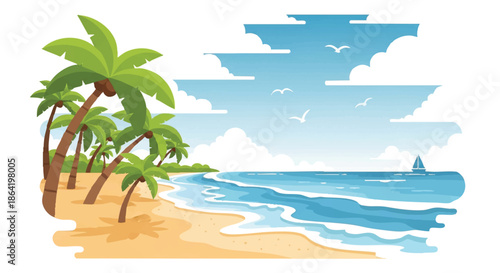 Exotic tropical seaside 2D flat design vector illustration featuring a lone palm tree, blue rolling ocean waves, flying seagulls, and a distant sailboat beneath a beautiful cloudy sky.
