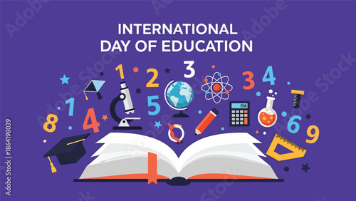 International Day of Education poster with open book and floating education icons, numbers, and stars, playful flat vector design celebrating creativity and knowledge development
