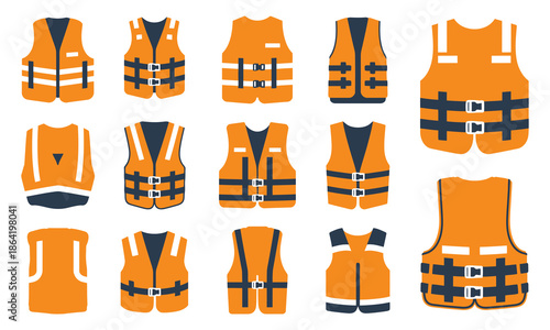 set of life jacket isolated on white background, a premium ranked illustration set showcasing personal flotation devices, safety equipment icons, and professional vector designs for educational, 