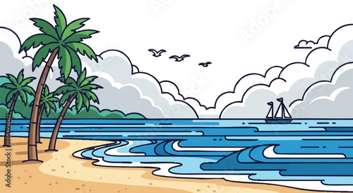 Vector illustration of a tropical beach landscape in 2D flat style, showcasing a palm tree, blue ocean waves, seagulls, and a distant sailboat under a cloudy sky, perfect for summer travel.