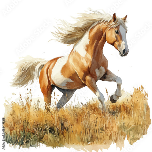 Horse Playing Energetically, vector watercolor clipart with soft pastel strokes, isolated on a white background.
