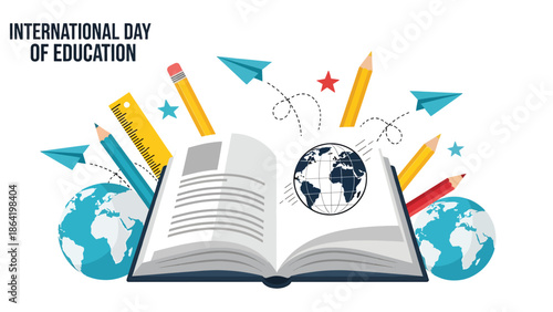 International Day of Education illustration showing globe rising from open book with learning icons and plants, flat vector design symbolizing growth through education worldwide.