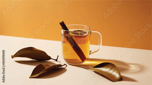 A glass mug of hot tea with cinnamon sticks and lemon slices on a white table