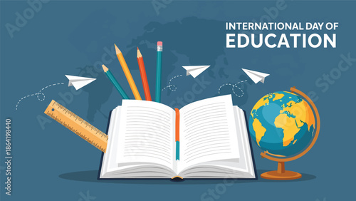 International Day of Education illustration showing globe rising from open book with learning icons and plants, flat vector design symbolizing growth through education worldwide.