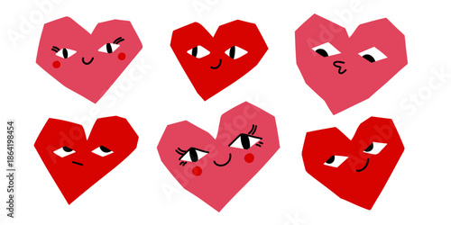 Cute set of expressive cartoon hearts with faces
