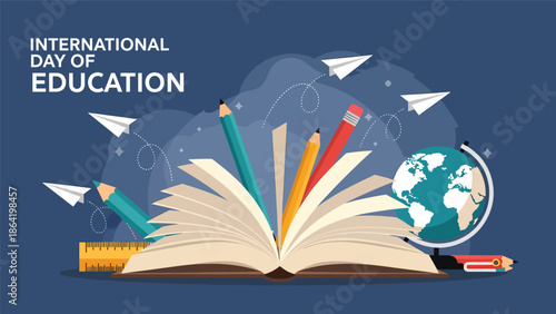 International Day of Education illustration showing globe rising from open book with learning icons and plants, flat vector design symbolizing growth through education worldwide.