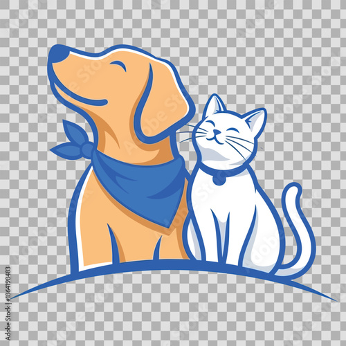 A cute cartoon illustration of a black cat and dog couple in a vector art design featuring a heart to show pet love between the feline kitty and domestic mammal animals