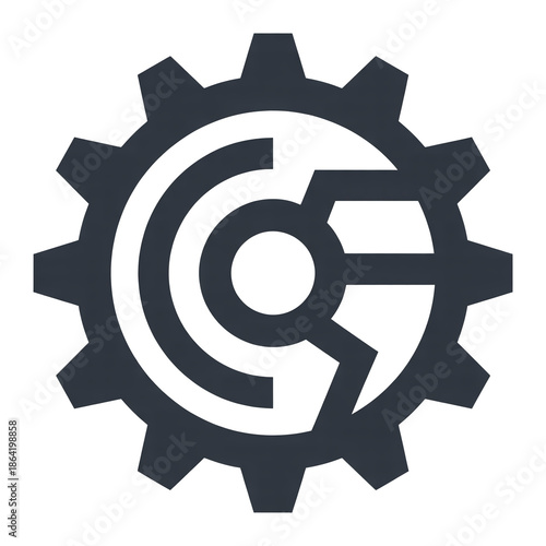 Dark blue futuristic mechanical gear symbol with abstract inner on white background cogwheel