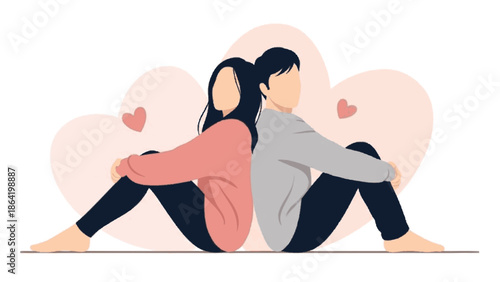 Couple Sitting Back-to-Back with Hearts Symbolizing Love and Companionship