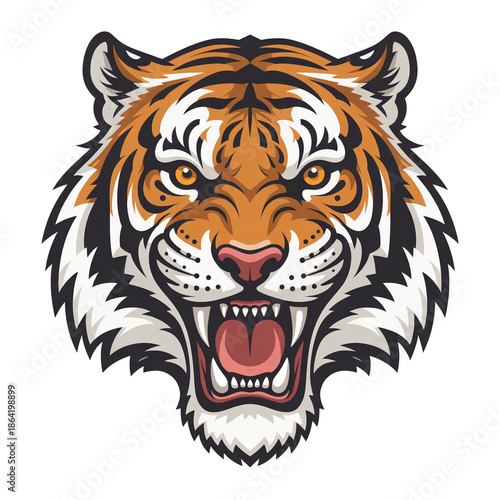 Fierce tiger head emblem with open mouth and sharp teeth in style animal