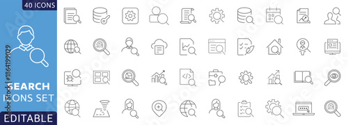Search icon set. Containing magnifying glass, find, research, SEO, investigate, and more. Fully Editable . Vector illustration.
