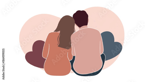 Tender illustration of a loving couple sitting together, seen from behind, surrounded by gentle heart motifs, symbolizing deep connection, romantic affection, and togetherness