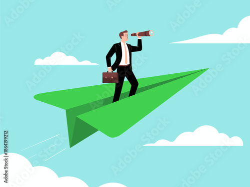 A unique illustration featuring a corporate leader standing confidently on a large paper plane, symbolizing innovative leadership and ambitious goals while navigating through challenges.