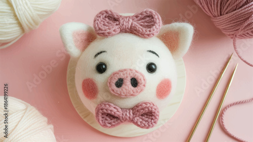 Adorable crochet pig face with pink bow on pastel background with yarn and needles