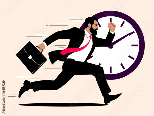 An energetic illustration of a businessman running against a large clock, symbolizing urgency and the importance of time management in achieving professional goals and success.