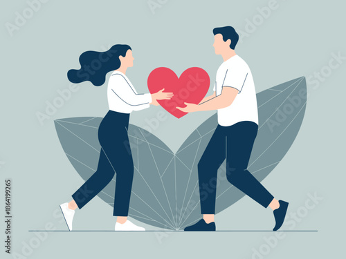 A tender illustration depicting a couple exchanging a heart, symbolizing love, care, and the importance of relationships in a nurturing and supportive environment.