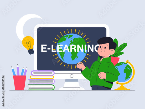 An illustrative scene features a young boy presenting an e-learning concept with a computer and globe, embodying the modern approach to education and global learning opportunities.