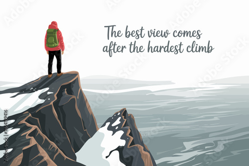 A hiker stands triumphantly atop a rocky cliff overlooking a breathtaking landscape, embodying the essence of perseverance and reward after a challenging ascent in nature.