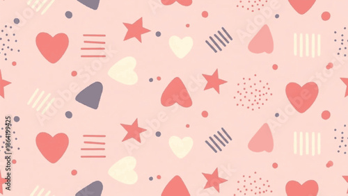 Delightful Seamless Pattern Featuring Scattered Hearts, Stars, and Geometric Shapes in Soft Pastel Tones on a Gentle Pink Background, Ideal for Romantic or Playful Designs