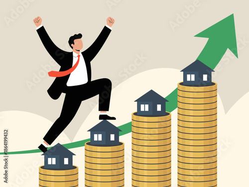 A confident businessman strides up a stack of coins symbolizing financial growth, representing determination and ambition in achieving success, set against a modern backdrop.