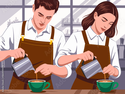 Two skilled baristas masterfully pouring lattes, emphasizing the art of coffee-making, showcasing passion for quality and craft in a stylish café atmosphere.