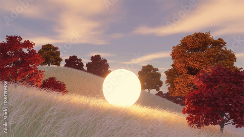 autumn landscape with sun setting behind trees on hill