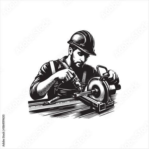 A worker in a hard hat using a circular saw to cut metal on a workbench with a vector illustration style and monochromatic color scheme on a clean white background.