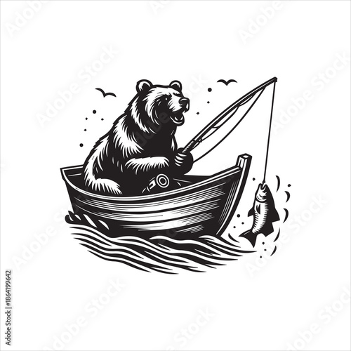 A black and white illustration of a bear sitting in a boat holding a fishing rod with a fish on the line against a clean white background.