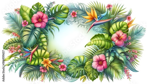 Fresh Exotic Jungle Background with Copy Space Menu Border Made of Tropical Leaves & Flowers. Watercolor For Summer Vibes Greeting Cards Posters Banners Placards Cafe Coffee Shop Hawaii Bar Restaurant