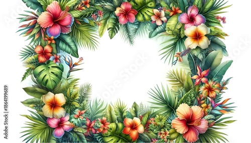 Fresh Exotic Jungle Background with Copy Space Menu Border Made of Tropical Leaves & Flowers. Watercolor For Summer Vibes Greeting Cards Posters Banners Placards Cafe Coffee Shop Hawaii Bar Restaurant