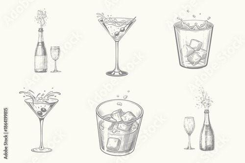 Engraving style Cocktails alcoholic daiquiri, old fashioned, manhattan, martini, sidecar glass hand drawn vector illustration. Eps 10