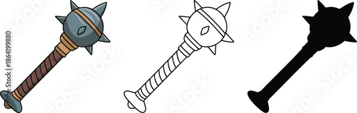 Mace silhouette & Outline and illustration set isolated on transparent background