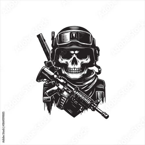 A black and white vector illustration of a skull wearing a military helmet and holding a rifle against a clean white background with a dark and edgy mood.