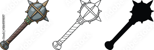 Mace silhouette & Outline and illustration set isolated on transparent background