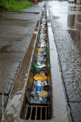 Urban drainage cluttered with litter