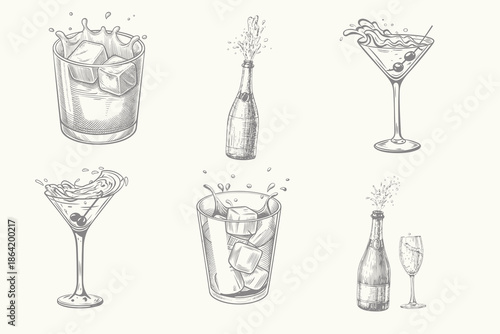 engraving vector illustration Cocktails alcoholic daiquiri, old fashioned, manhattan, martini, sidecar glass hand drawn. Eps 10