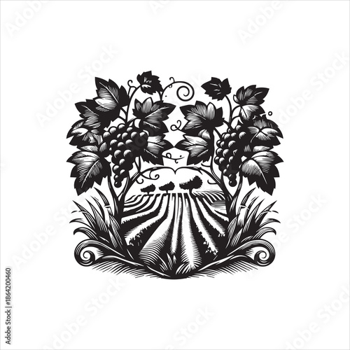 A detailed black and white vector illustration of a scenic landscape with grapevines and leaves, featuring a serene mountain range in the background, against a clean white background.