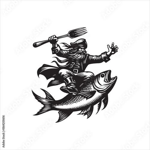 A pirate riding a large fish while holding a fork and gesturing with one hand in a dynamic black and white vector illustration on a clean white background.