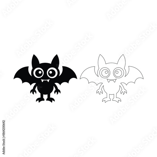 Cute halloween bat vector icon set. Black silhouette and outline vampire animal character isolated.